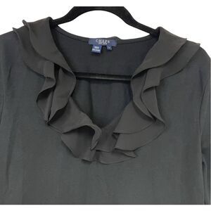 NWT CHAPS Women’s Top Large Black Ruffle Neck 3/4 Sleeve Stretch Cotton Blouse